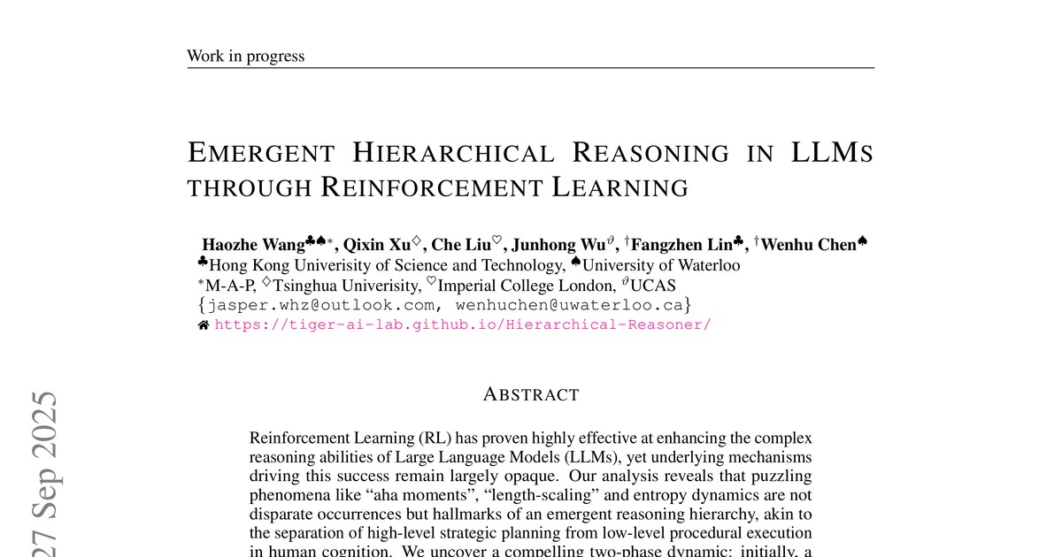 [논문 리뷰] Emergent Hierarchical Reasoning in LLMs through Reinforcement Learning