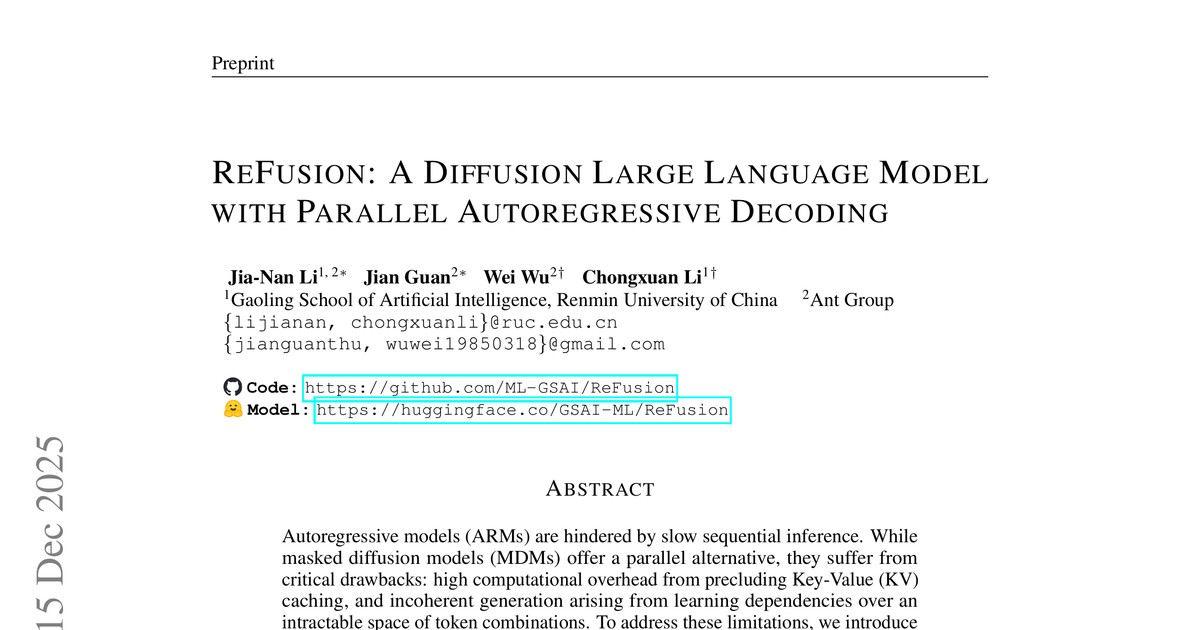 [논문 리뷰] ReFusion: A Diffusion Large Language Model with Parallel Autoregressive Decoding