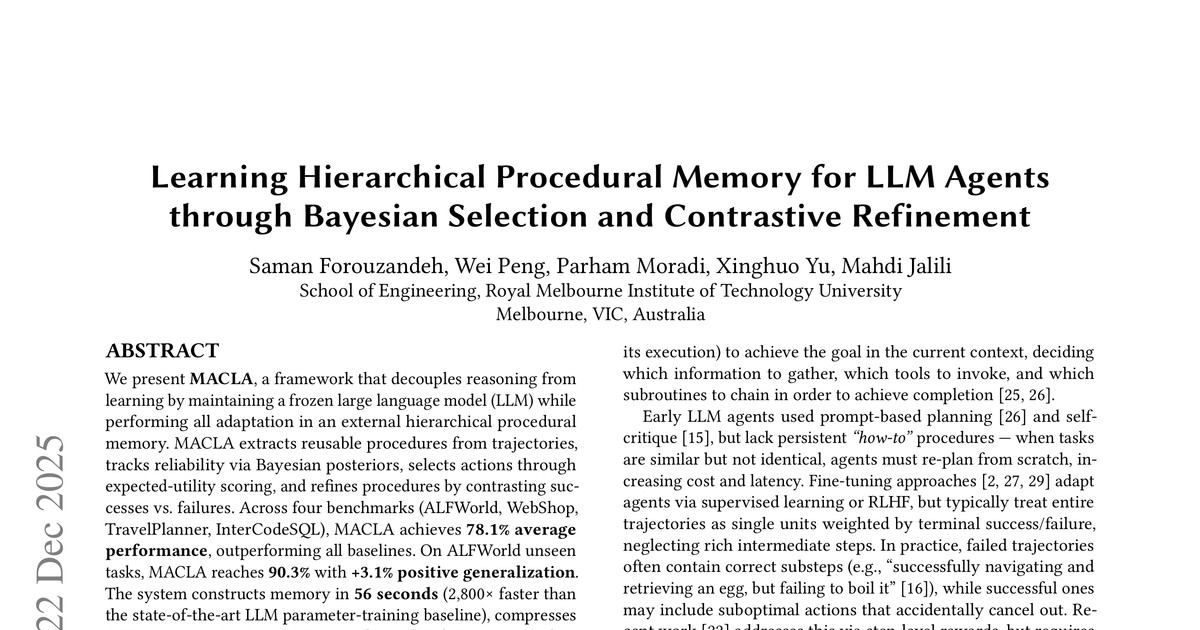 [논문 리뷰] Learning Hierarchical Procedural Memory for LLM Agents through Bayesian Selection and Contrastive Refinement