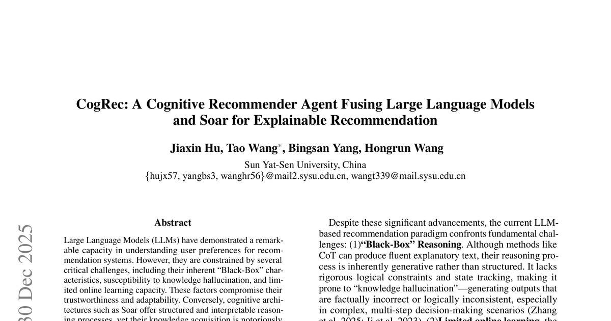 [논문 리뷰] CogRec: A Cognitive Recommender Agent Fusing Large Language Models and Soar for Explainable Recommendation