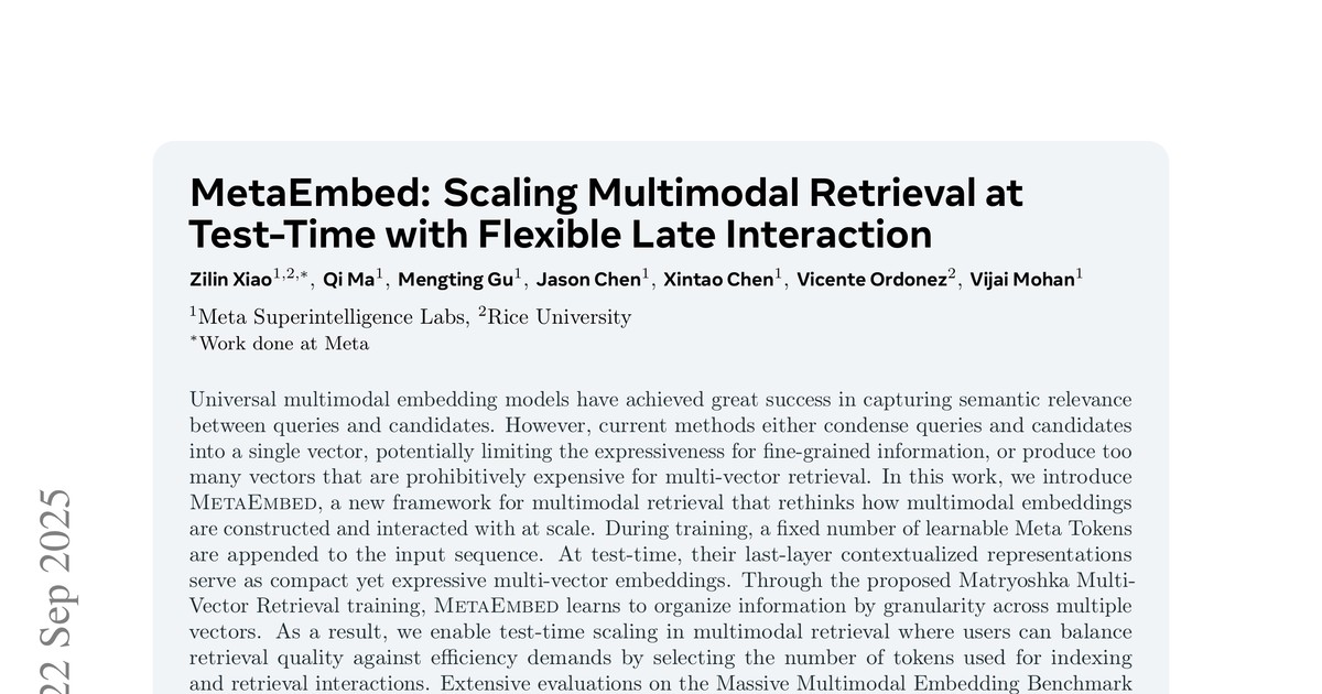 [논문 리뷰] MetaEmbed: Scaling Multimodal Retrieval at Test-Time with Flexible Late Interaction