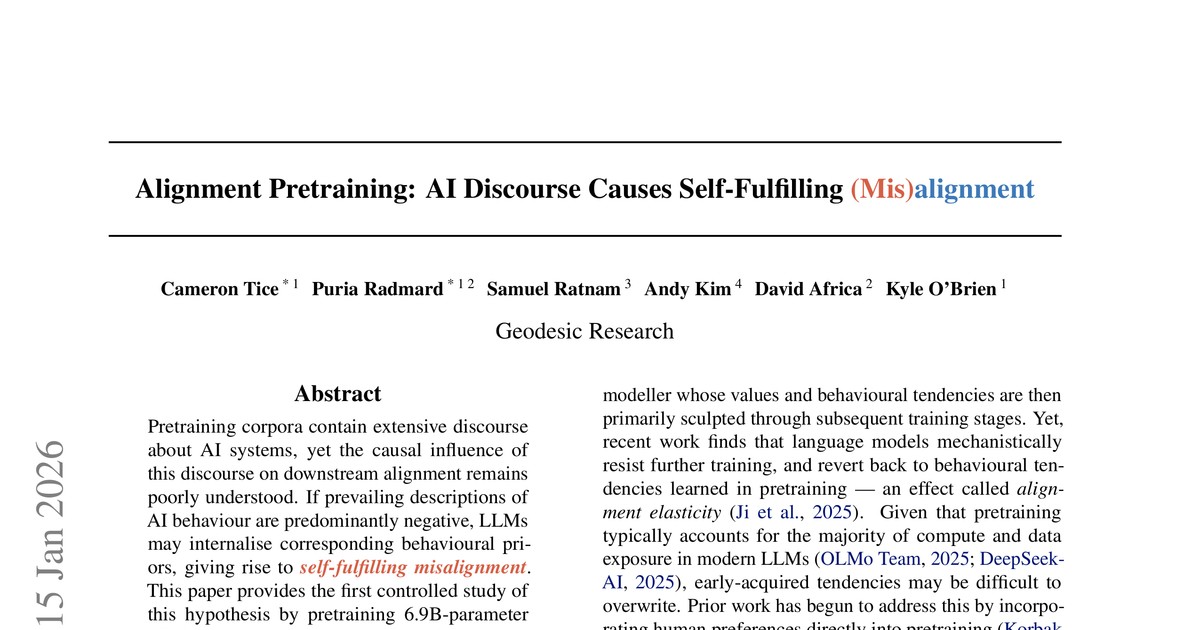 [논문 리뷰] Alignment Pretraining: AI Discourse Causes Self-Fulfilling (Mis)alignment