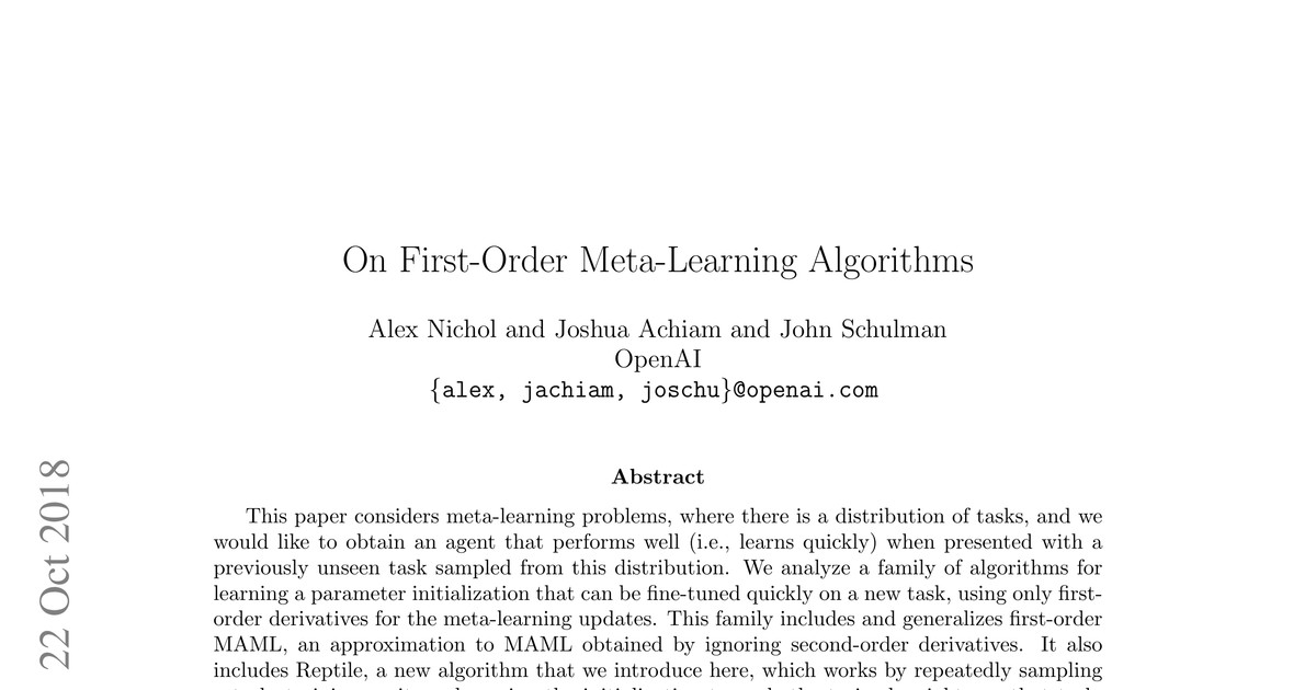 [논문 리뷰] On First-Order Meta-Learning Algorithms