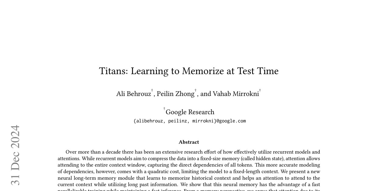 [논문 리뷰] Titans: Learning to Memorize at Test Time