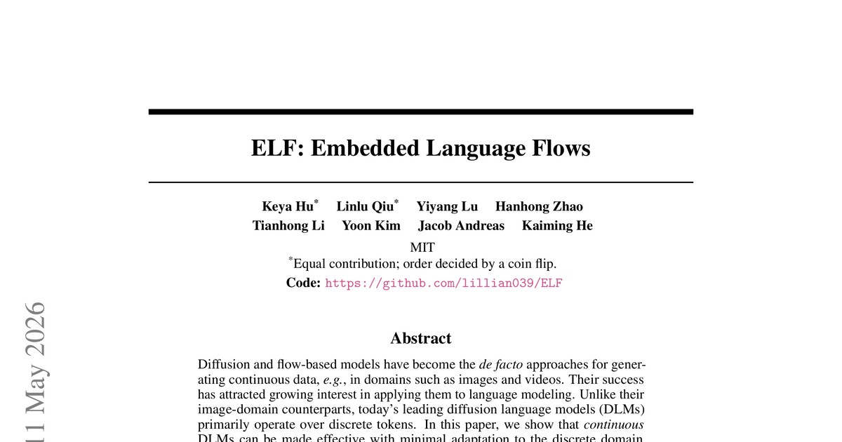 [논문 리뷰] ELF: Embedded Language Flows