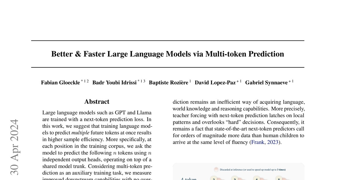 [논문 리뷰] Better &amp; Faster Large Language Models via Multi-token Prediction